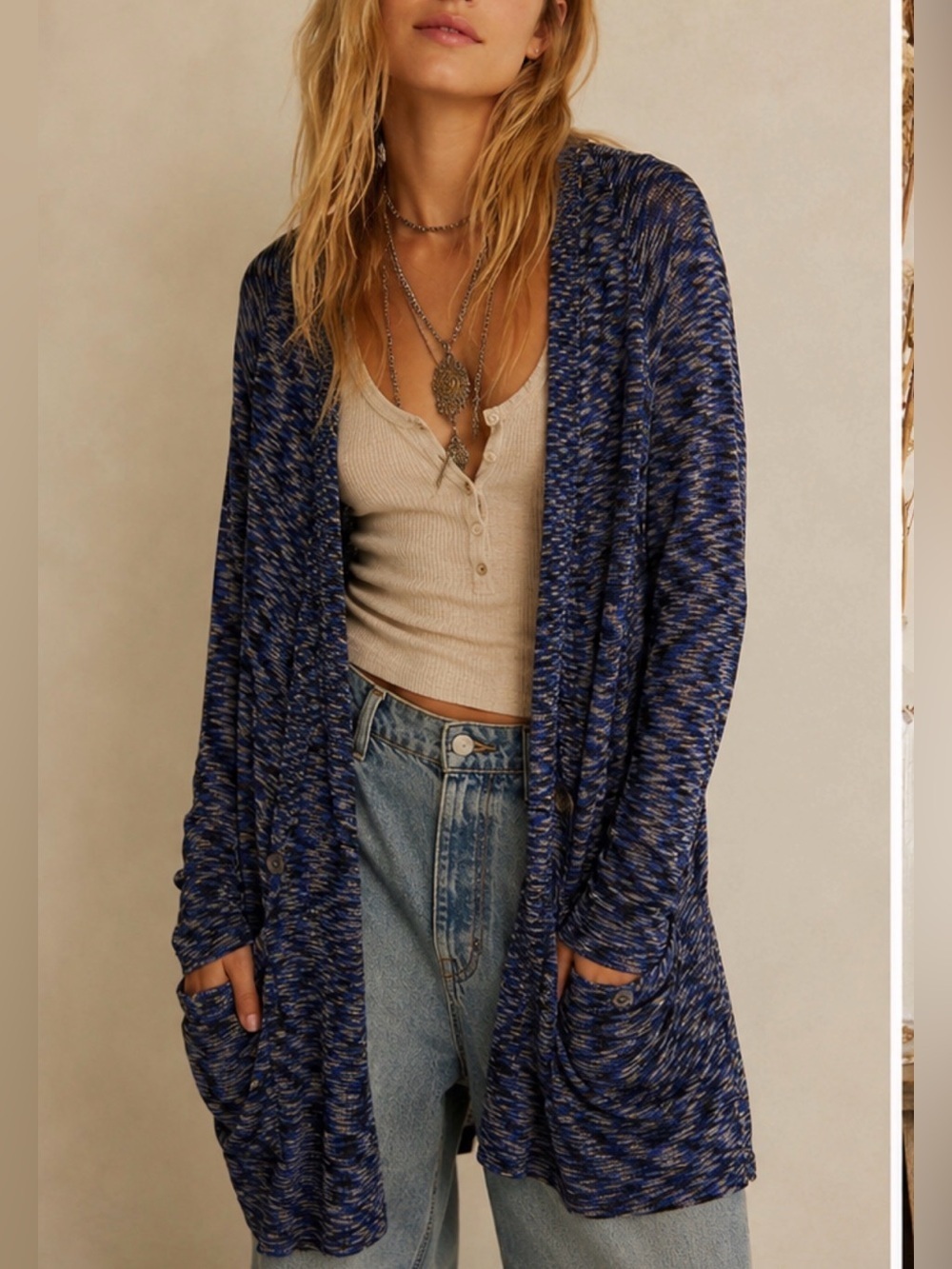 Free People Blue Black Marled Cocoon Open Cardigan Sweater Boho Pocket Duster